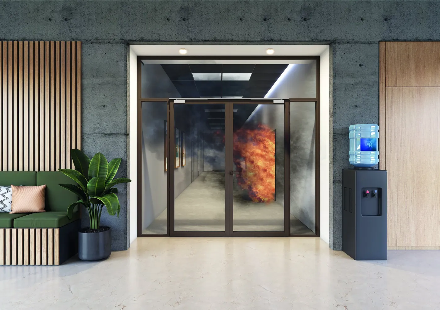 Double porte vitrée à cadre aluminium fermant un couloir, flammes à l'arrière-plan