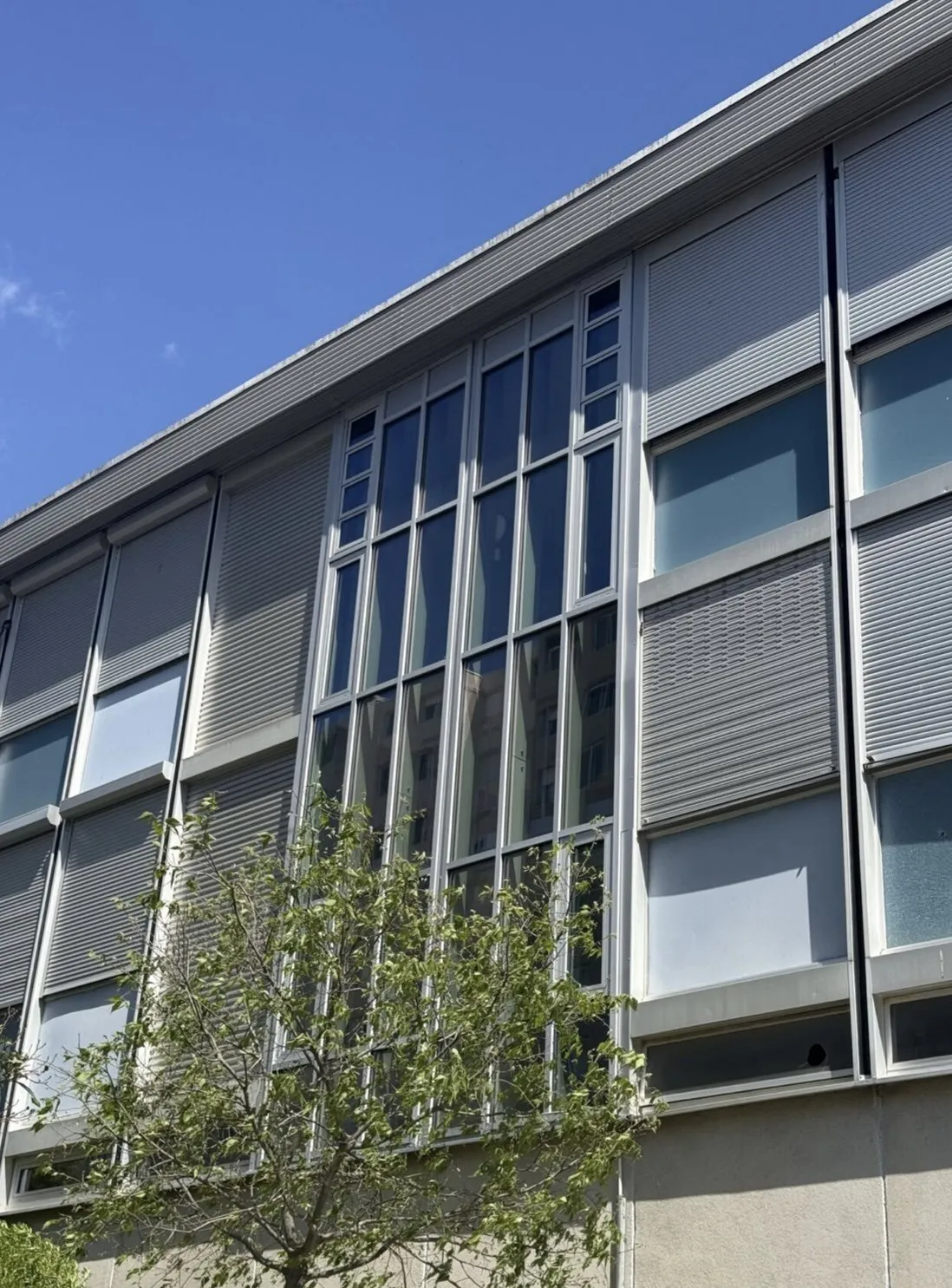 Façade avec ses deux verrières en mur-rideau aluminium