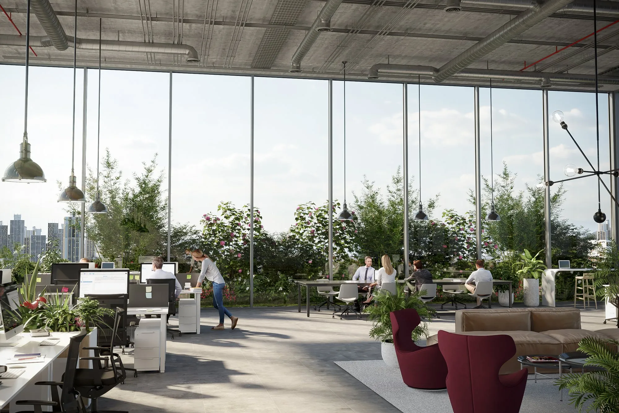 Plateau de bureaux baigné de lumière derrière une façade vitrée