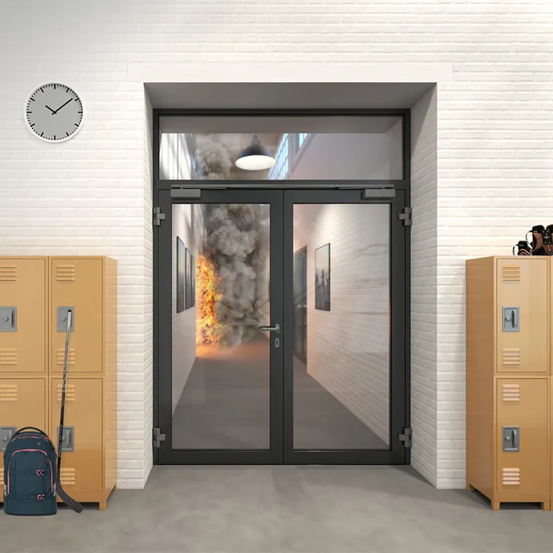 Porte aluminium vitrée à deux vantaux qui retient la fumée et les flammes d'un couloir