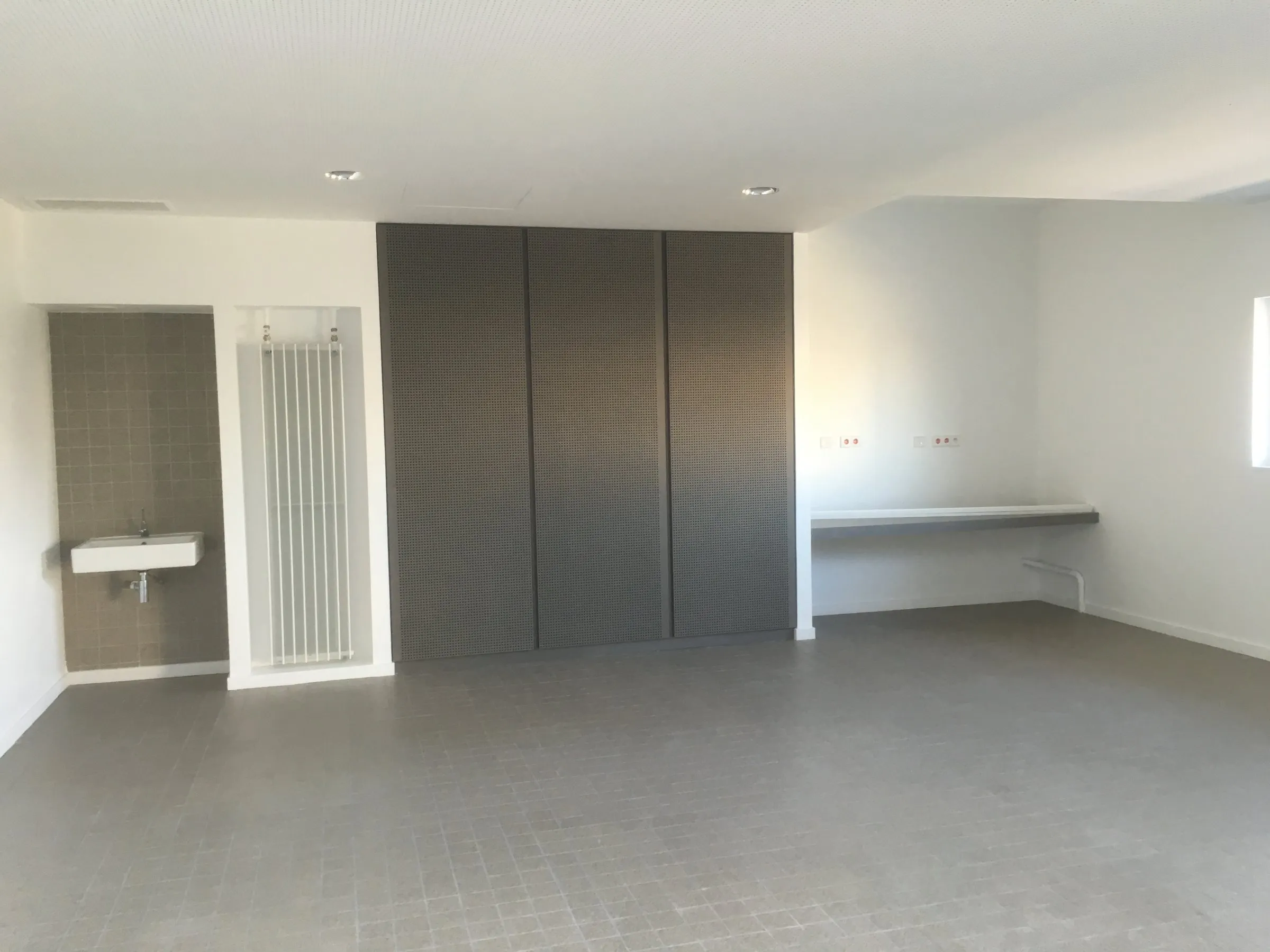 Salle avec placards perforés, lavabo et plan de travail