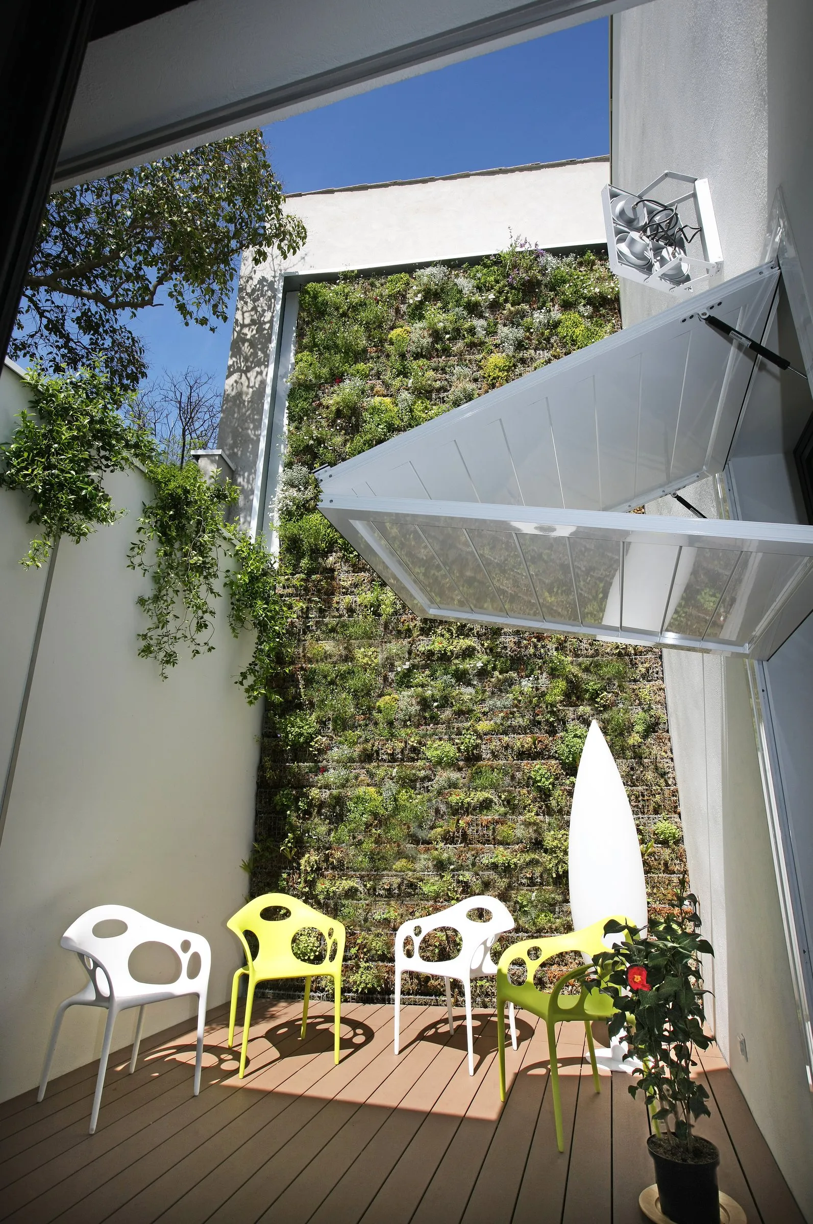 Patio en lames de bois et mur végétal, ouvrant relevé